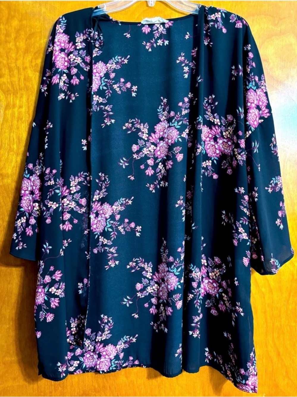 Floral Open-Front Kimono Top - Black with Pink Bloom